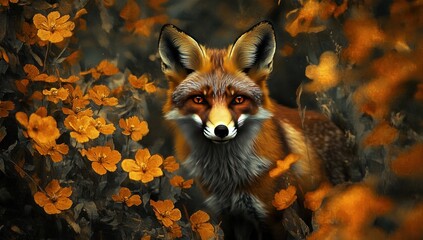 Red fox with intense eyes amidst orange flowers.