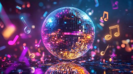 Shiny Disco Ball with Music Notes for Festive Celebration Background