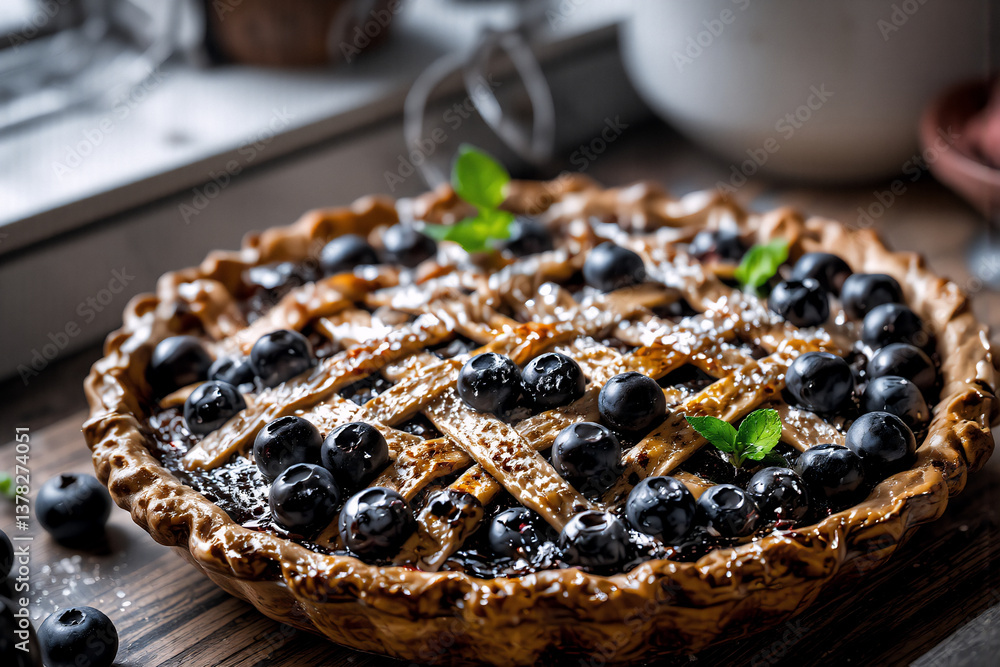 Poster blueberry pie with lattice crust and powdered sugar on a wooden surface. a delightful dessert ready 