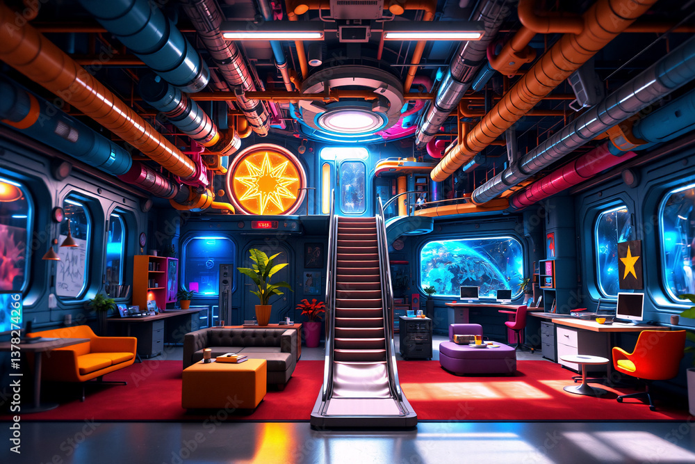 Aufkleber a vibrant, futuristic interior showcases a multi-level space with exposed pipes, stairs, and windows