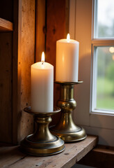 Vintage metal candle holders illuminating a wooden shelf, warm ambiance