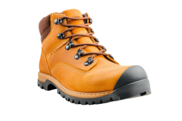 Sturdy orange lace-up hiking boot with black toe cap for outdoor adventures, cut out