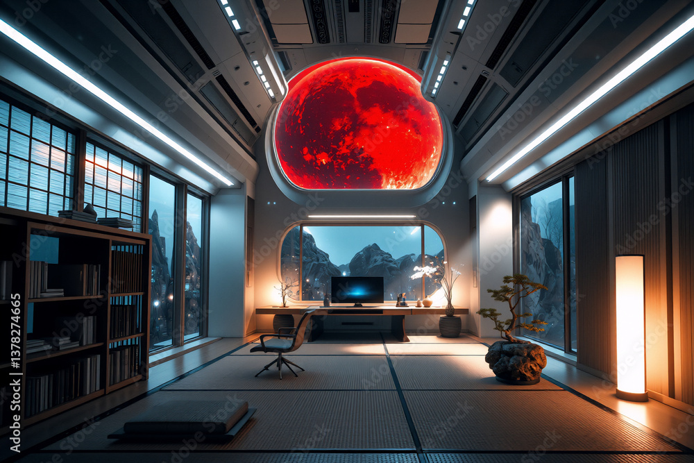 Poster futuristic room with tatami floor, bonsai tree, and bookshelf. a large round window displays a strik
