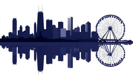 Vector skyline silhouette of Chicago with skyscrapers, bridges, and a Ferris wheel reflected on water. Dark blue cityscape on a white background with space for text.