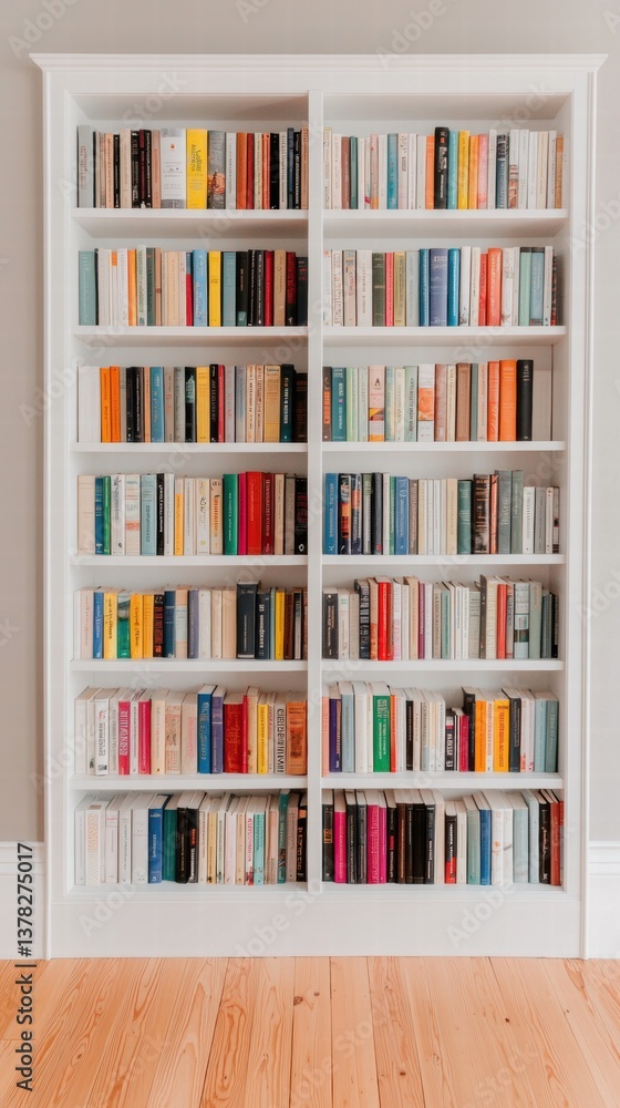 Poster a neatly organized bookshelf filled with colorful books, showcasing a variety of literature formats 