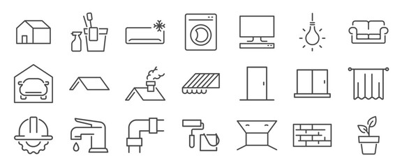 Home services icon set. It includes exterior, interior, maintenance, renovation, home improvement, and more icons. Editable Vector Stroke.