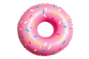 Pink donut-shaped inflatable pool float with colorful sprinkles, cut out