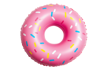 Pink donut-shaped inflatable pool float with colorful sprinkles, cut out