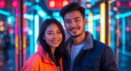 Fototapeta premium Happy young couple in neon lit urban street with reflections background portrait photo 