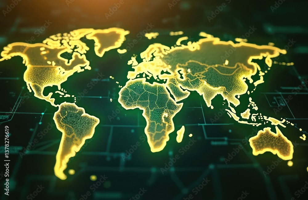 Poster digital world map with glowing network connections. global communication infrastructure tech illustr