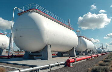 White spherical propane tanks contain fuel gas. Industrial plant with blue sky. Steel containers, tanks, storage, energy. Petrochemical industry with safety standards.
