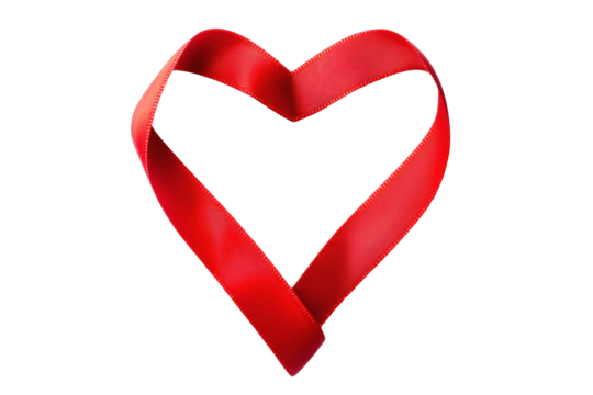 Red ribbon heart shape on black background symbolizing love and passion, cut out