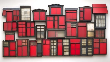 Obraz premium Collection of red windows and frames creating an artistic composition on a wall