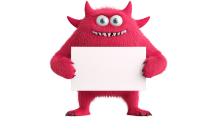 Cute red furry monster holding blank sign for message, cut out transparent