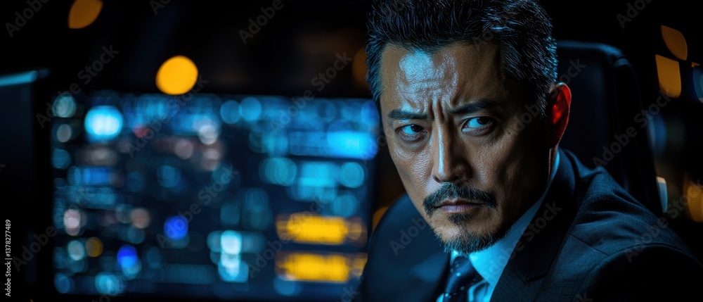 Poster a man in a suit is staring at a computer screen