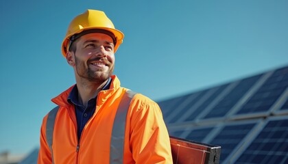 Smiling worker in yellow helmet and orange reflective vest on rooftop near solar panels. Professional male engineer, happy with renewable eco-friendly green energy. Modern tech, sustainable future.