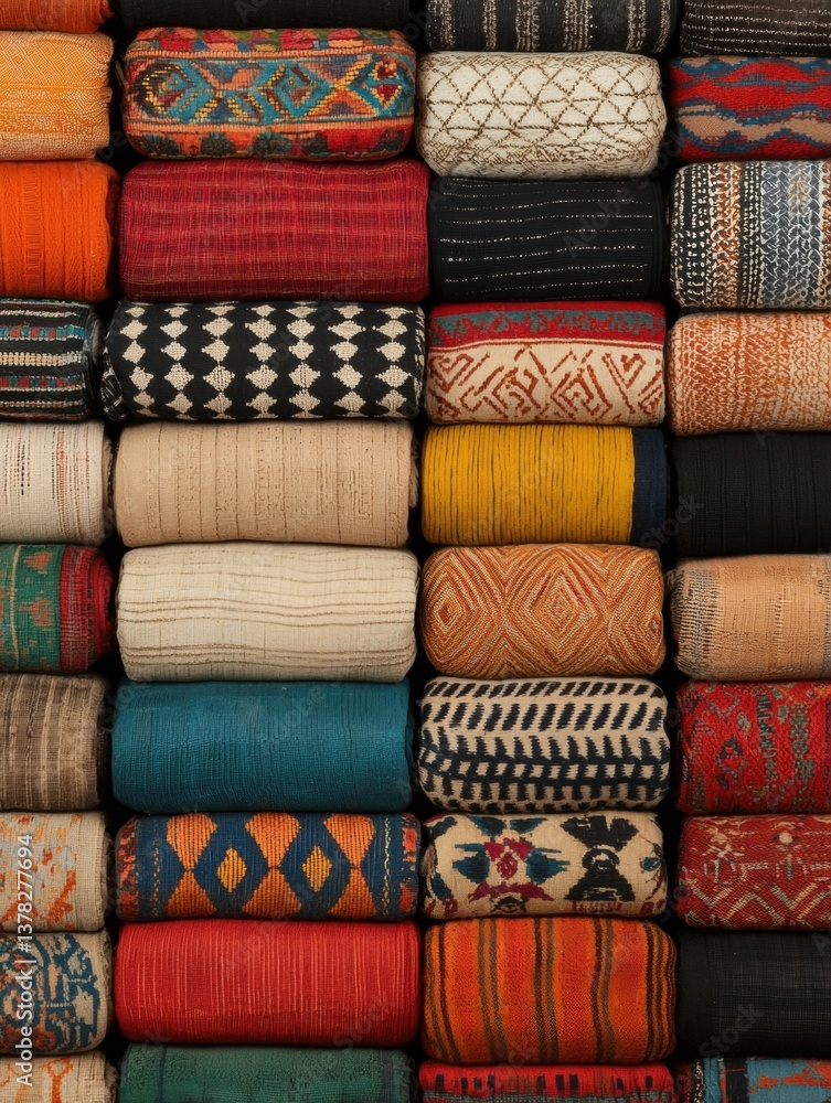 Poster a vibrant array of colorful textiles stacked neatly, showcasing intricate patterns and diverse textu