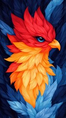 Obraz premium A vibrant, artistic portrayal of a phoenix with colorful feathers, blending red, orange, and blue tones against a dark background.