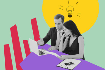 Creative sketch collage of two serious business partners girl guy sit workplace project idea light...