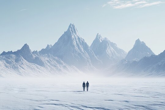 Two figures walk across a vast, snowy landscape, towards a towering mountain range.  Vast, serene, wintery, and untouched wilderness