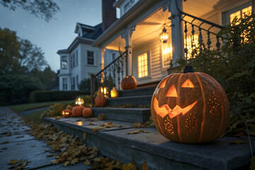 Obraz premium A grinning jack-o'-lantern welcomes trick-or-treaters on a spooky Halloween night, glowing warmly on a grand house's steps with soft autumnal lighting.