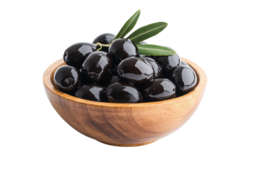Fresh black olives in wooden bowl with olive leaves isolated on white background, cut out