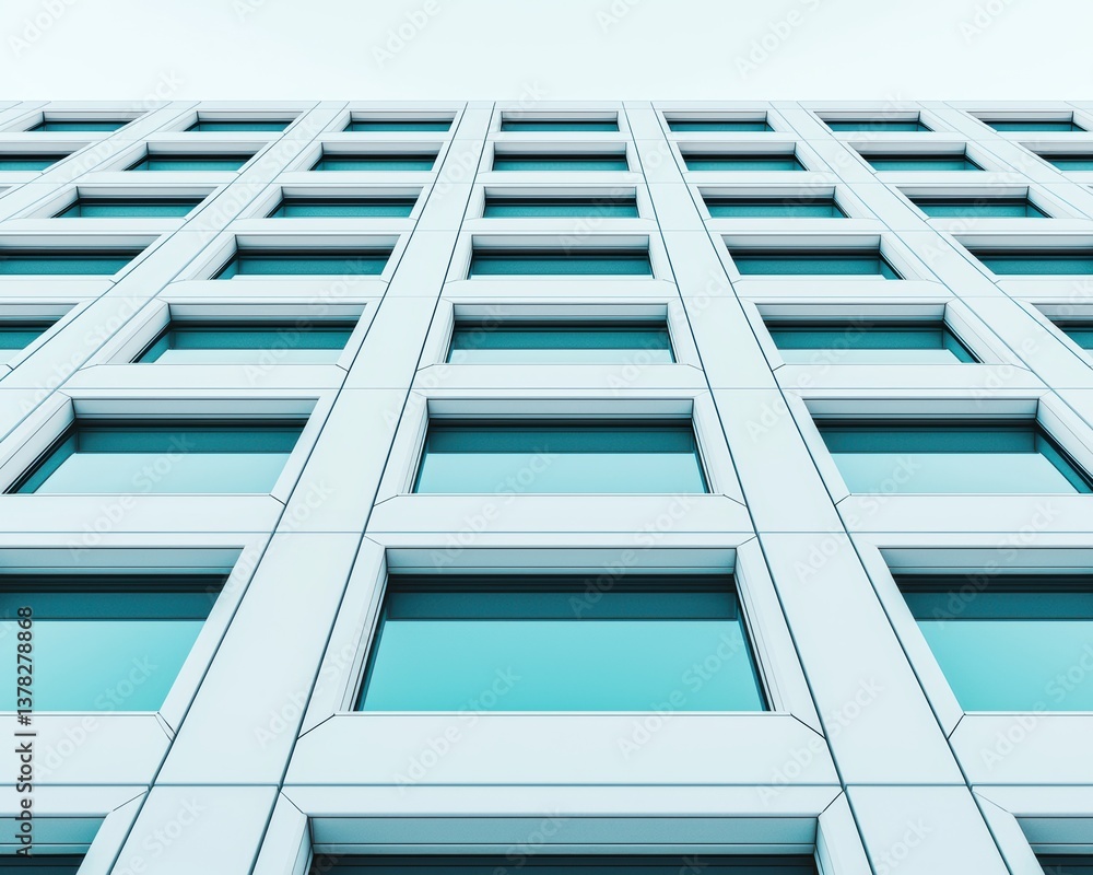 Poster a modern building facade with large glass windows and a symmetrical design, viewed from a low angle,