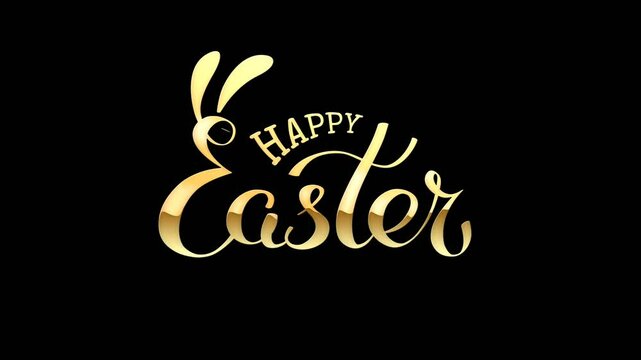 Happy easter animated golden bunny lettering on black background. Handwritten luxury logo of cute rabbit. Easter bunny ears. Hand drawn animated funny bunny. Greeting card