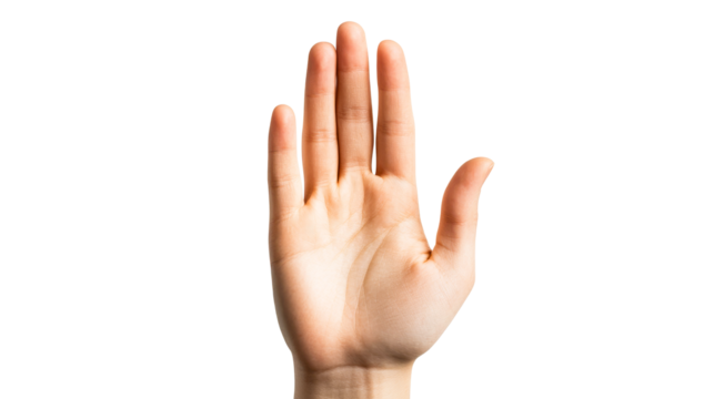 Human hand shows stop gesture with palm flat, cut out transparent