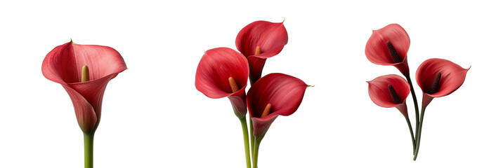 Elegant red calla lilies with delicate petals and vibrant green stems, isolated on PNF. Floral design, weddings, greeting cards, and botanical themes.