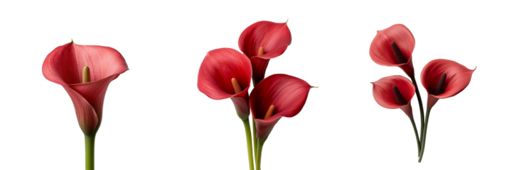 Elegant red calla lilies with delicate petals and vibrant green stems, isolated on PNF. Floral design, weddings, greeting cards, and botanical themes.