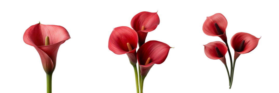 Elegant red calla lilies with delicate petals and vibrant green stems, isolated on PNF. Floral design, weddings, greeting cards, and botanical themes.