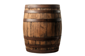Rustic wooden barrel with iron bands isolated on white background, cut out