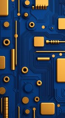 A close-up of a blue circuit board with gold electronic components, showcasing intricate designs and connections.