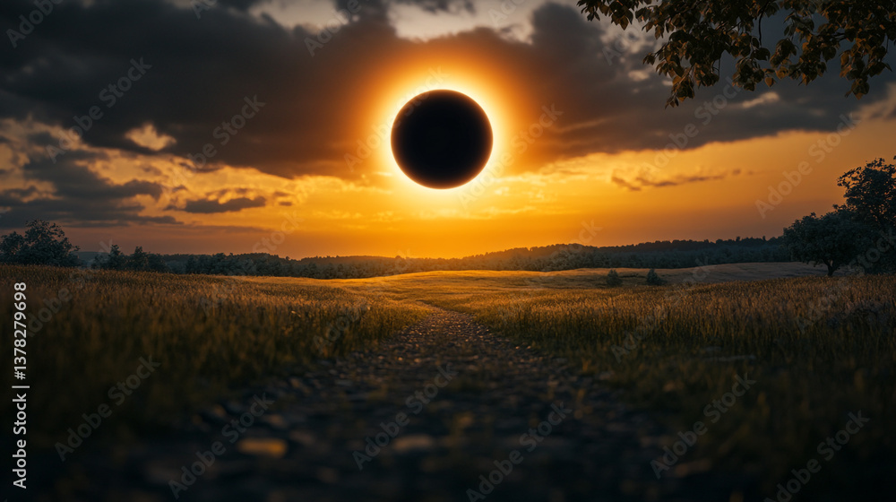 Poster an eclipse over a field at sunset with a path leading into the distance under a cloudy sky horizon