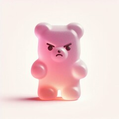 Angry gummy bear in pink magenta color, on a white background