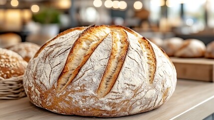 A freshly baked loaf of bread sits on a wooden surface