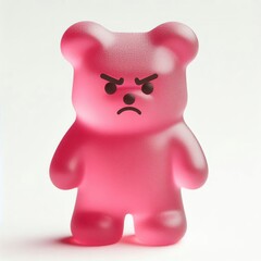 Angry gummy bear in pink magenta color, on a white background