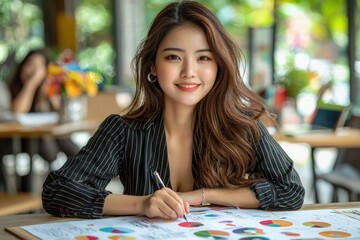 Fototapeta premium A woman is sitting at a table with a piece of paper and a pen