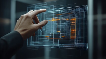 A hand interacting with an illuminated futuristic digital interface