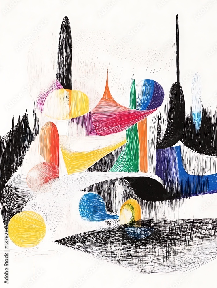 Poster Abstract Multicolored Shapes and Lines in Dynamic Composition