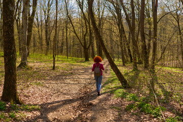 Obraz premium Back view of woman hiking trail.........