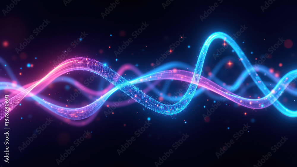 Poster dynamic abstract digital waveform in blue and purple hues with bokeh effect.