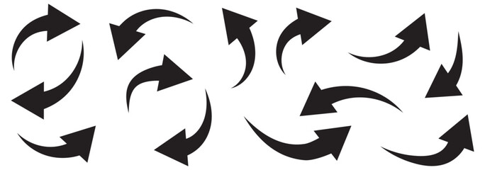 Black curved arrows icons set. Arrow sign in flat style. Wind movement image, process repeat symbol, rotation. Vector illustration.