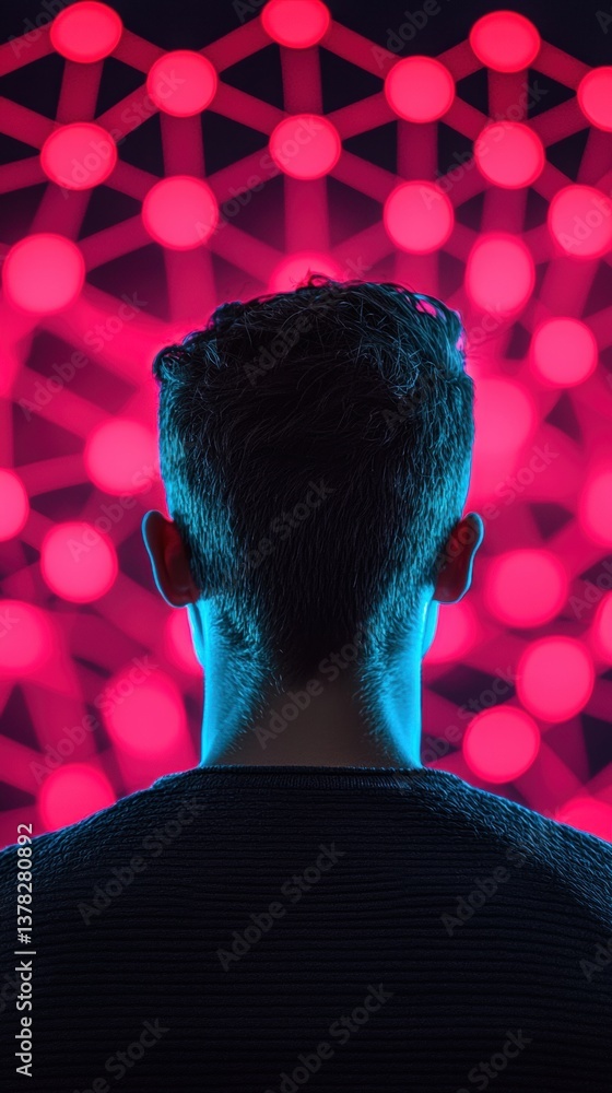 Poster a person stands in front of a vibrant, abstract backdrop of illuminated nodes, creating an immersive
