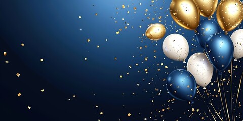 Vibrant navy blue and gold themed balloon celebration with colorful balloons and glittering confetti, ideal for festive banners, posters, and background designs with space for custom text, 
