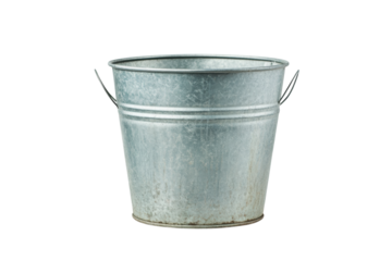 Galvanized metal bucket with handles on black background, cut out
