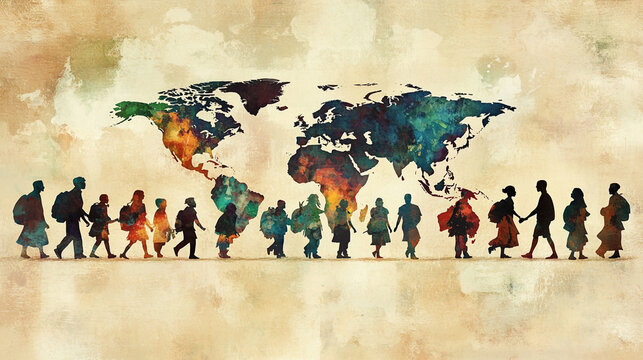 Global Migration Watercolor Silhouette of People Journeying Across World Map