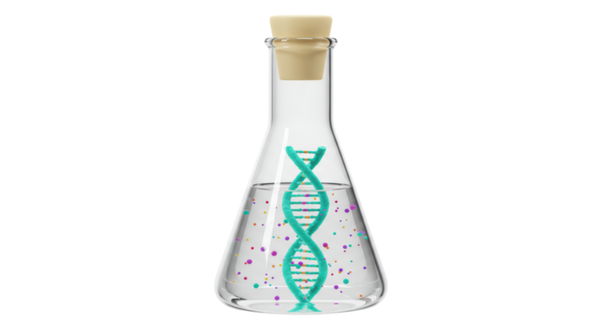 Isolated Glass Flask with DNA Strand and Bubbles