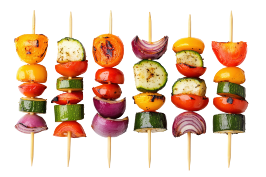 Colorful grilled vegetable skewers with peppers, zucchini, and onions, cut out